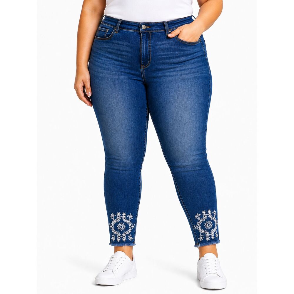 Ann Taylor The Skinny Blue Jeans White Floral Embroidered Hem Size 16